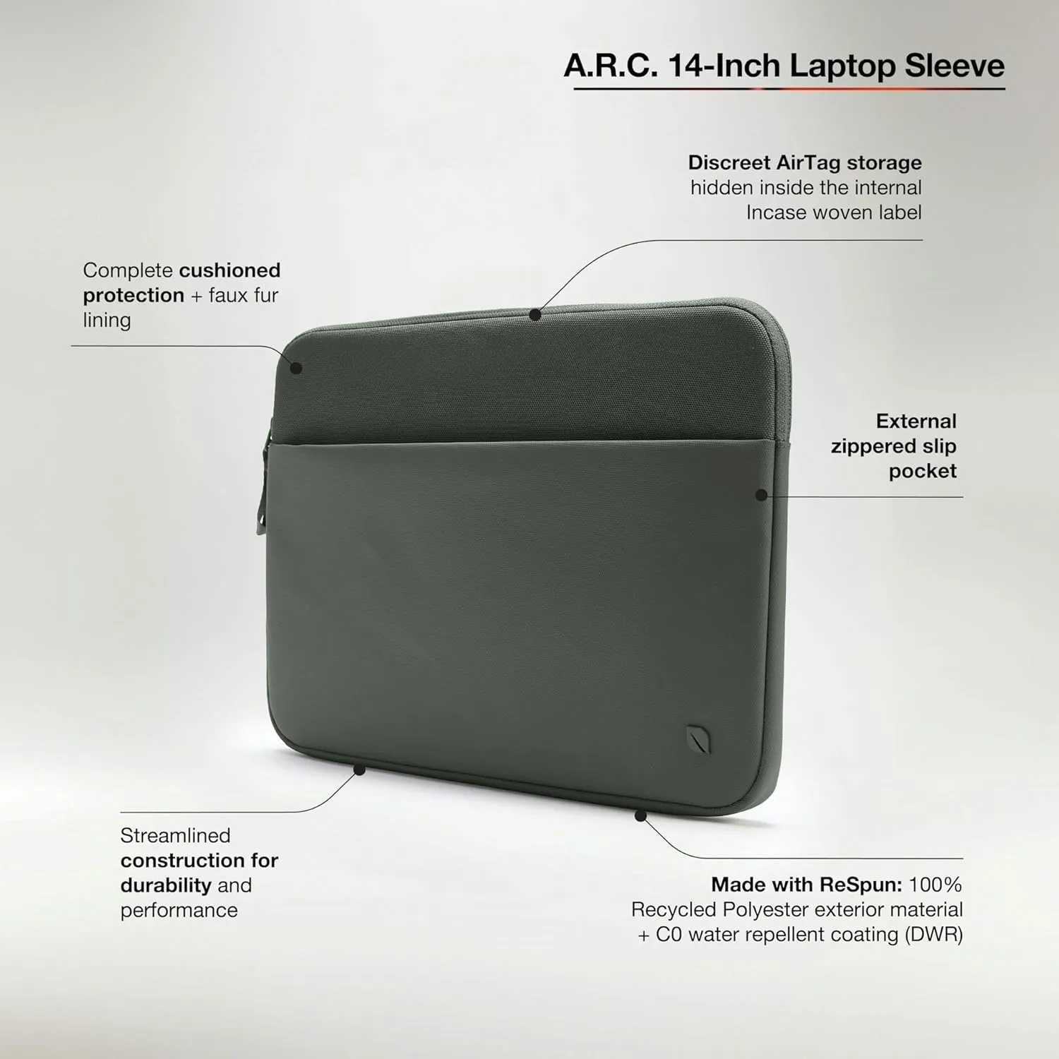Incase A.R.C. Sleeve with ReSpun 100% Recycled Polyester - 13" & 14" MacBook/Laptop & iPad/Tablet Case - Cushioned Faux Fur Lining, External Zippered Slip Pocket - Smoked Ivy