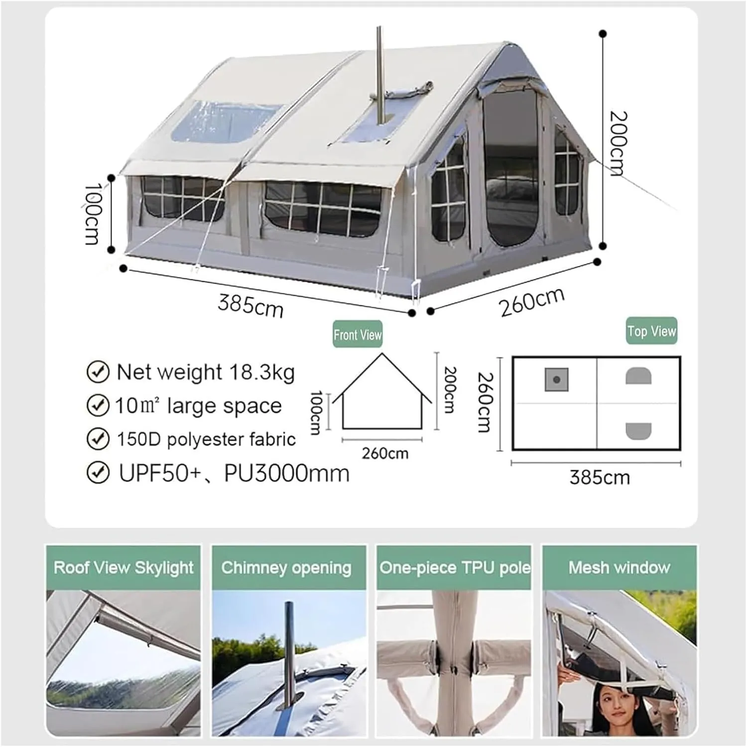 Inflatable Tents,Glamping Tent, Quick Set Up Outdoor Camping Tent with Opening Chimney and Skylight Large Inflatable Tent