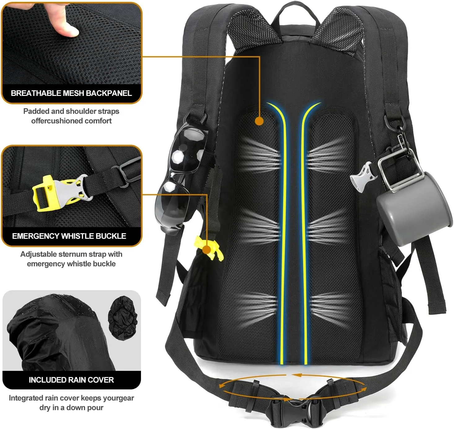 INOXTO 40L Hiking Backpack, Camping Backpack with Waterproof Rain Cover for Men, Outdoor Sport Travel Daypack for Climbing (065 Black)