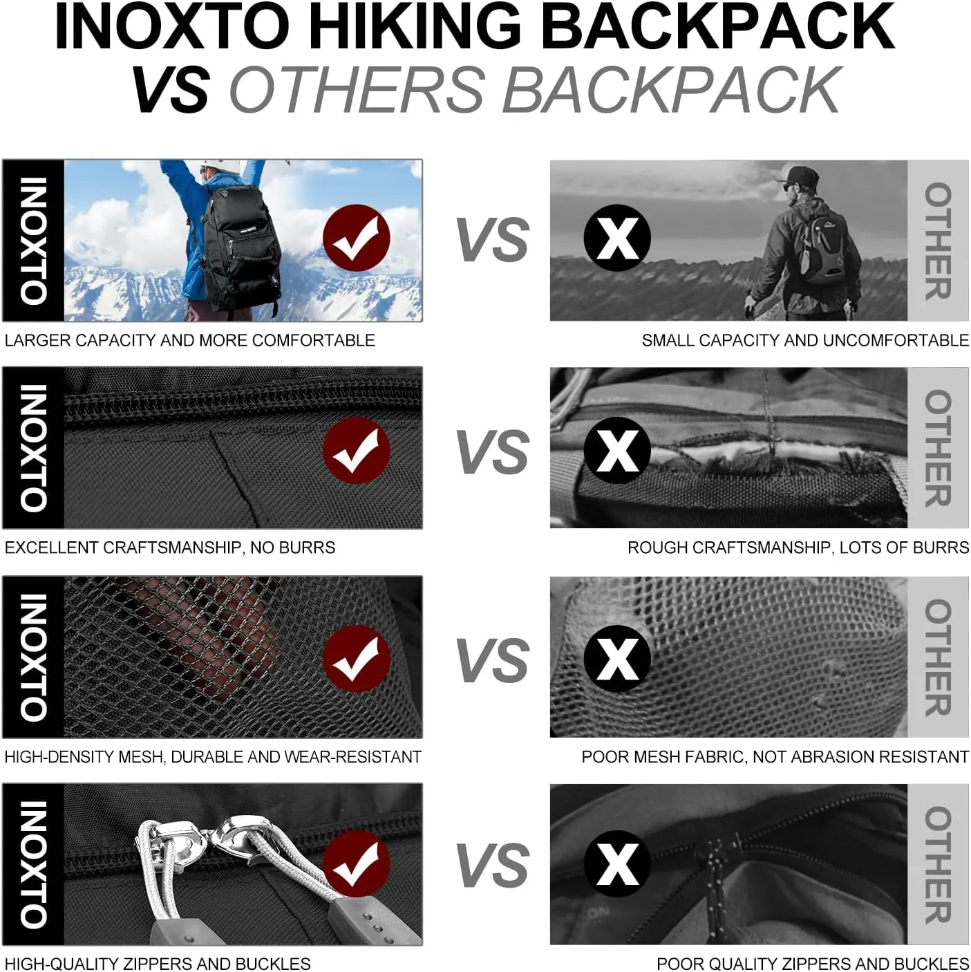 INOXTO 40L Hiking Backpack, Camping Backpack with Waterproof Rain Cover for Men, Outdoor Sport Travel Daypack for Climbing (065 Black)
