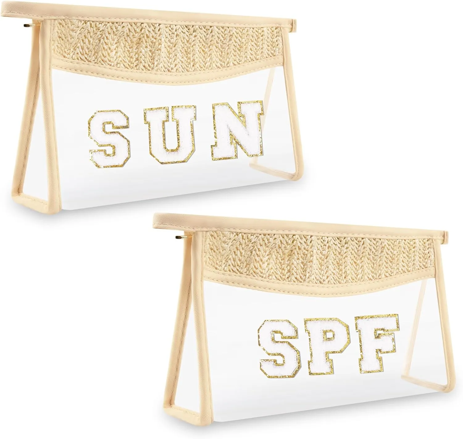 Iqimott 2Pcs Boho Patch SPF Bag Clear Letter Sun Bag, Waterproof Zipper Makeup Bag Toiletry Pouch for Women Girls, Clear Letter Patch Cosmetic Bag Transparent Organizer Pouch for Travel(SPF, Sun)