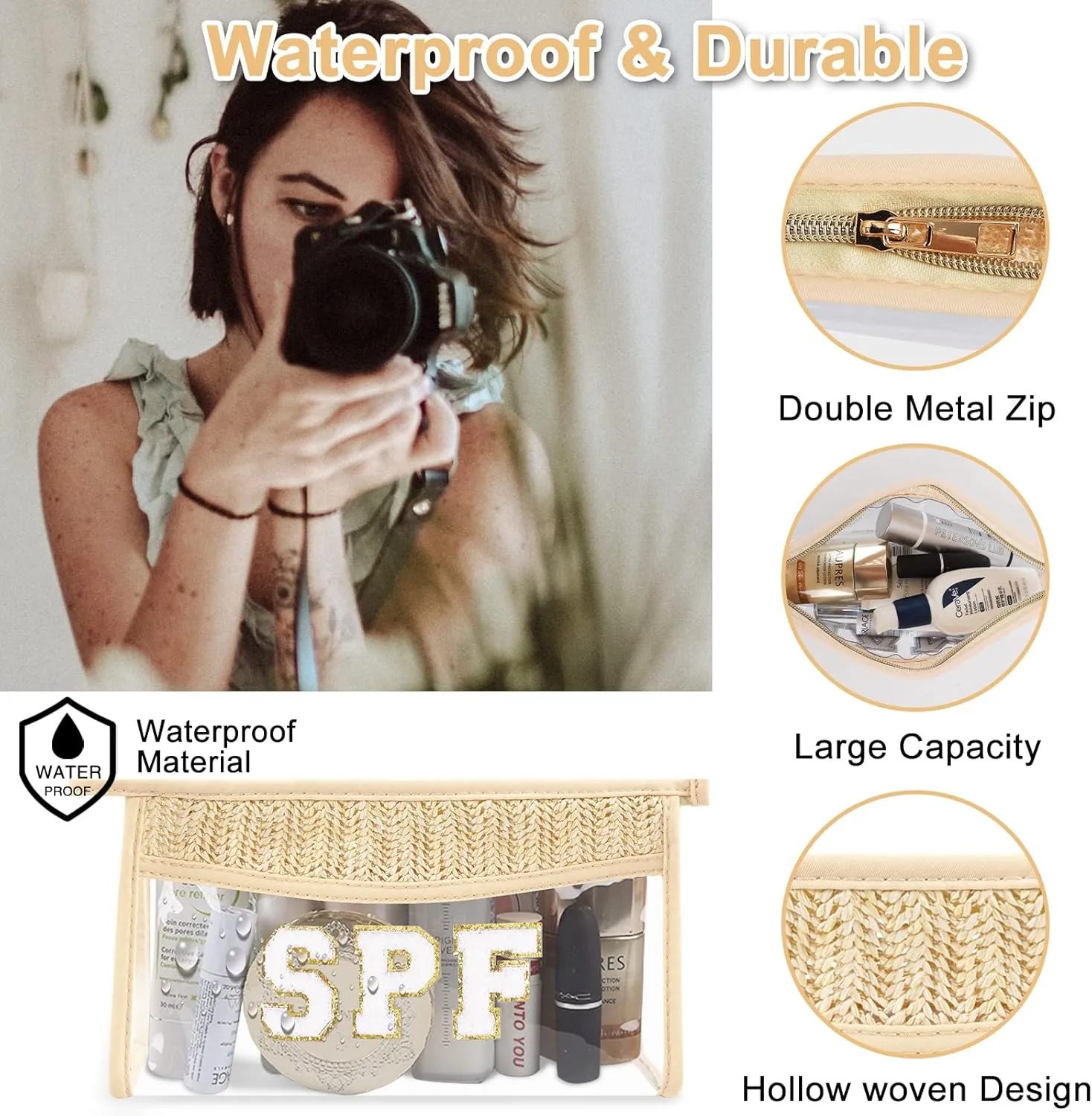 Iqimott 2Pcs Boho Patch SPF Bag Clear Letter Sun Bag, Waterproof Zipper Makeup Bag Toiletry Pouch for Women Girls, Clear Letter Patch Cosmetic Bag Transparent Organizer Pouch for Travel(SPF, Sun)