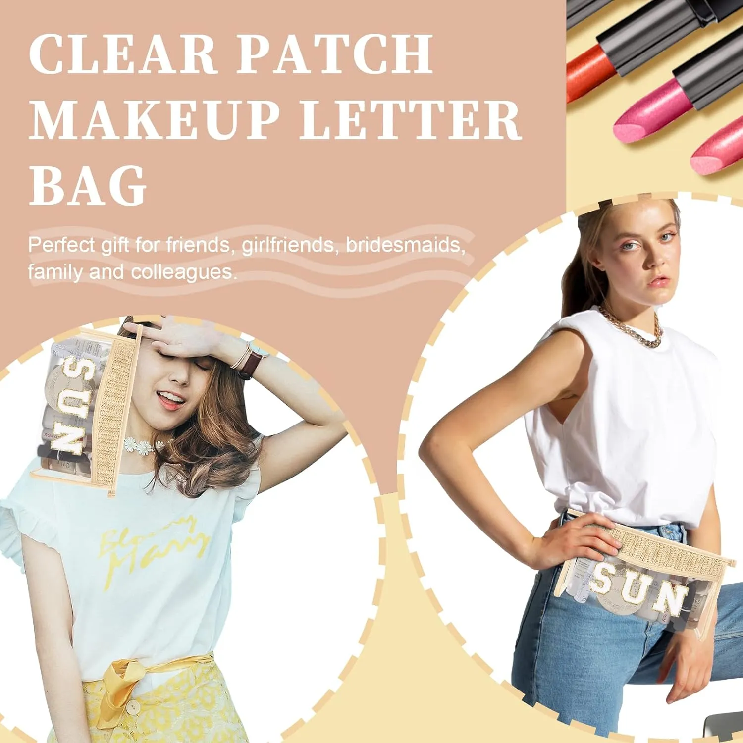 Iqimott 2Pcs Boho Patch SPF Bag Clear Letter Sun Bag, Waterproof Zipper Makeup Bag Toiletry Pouch for Women Girls, Clear Letter Patch Cosmetic Bag Transparent Organizer Pouch for Travel(SPF, Sun)
