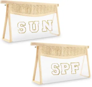 Iqimott 2Pcs Boho Patch SPF Bag Clear Letter Sun Bag, Waterproof Zipper Makeup Bag Toiletry Pouch for Women Girls, Clear Letter Patch Cosmetic Bag Transparent Organizer Pouch for Travel(SPF, Sun)