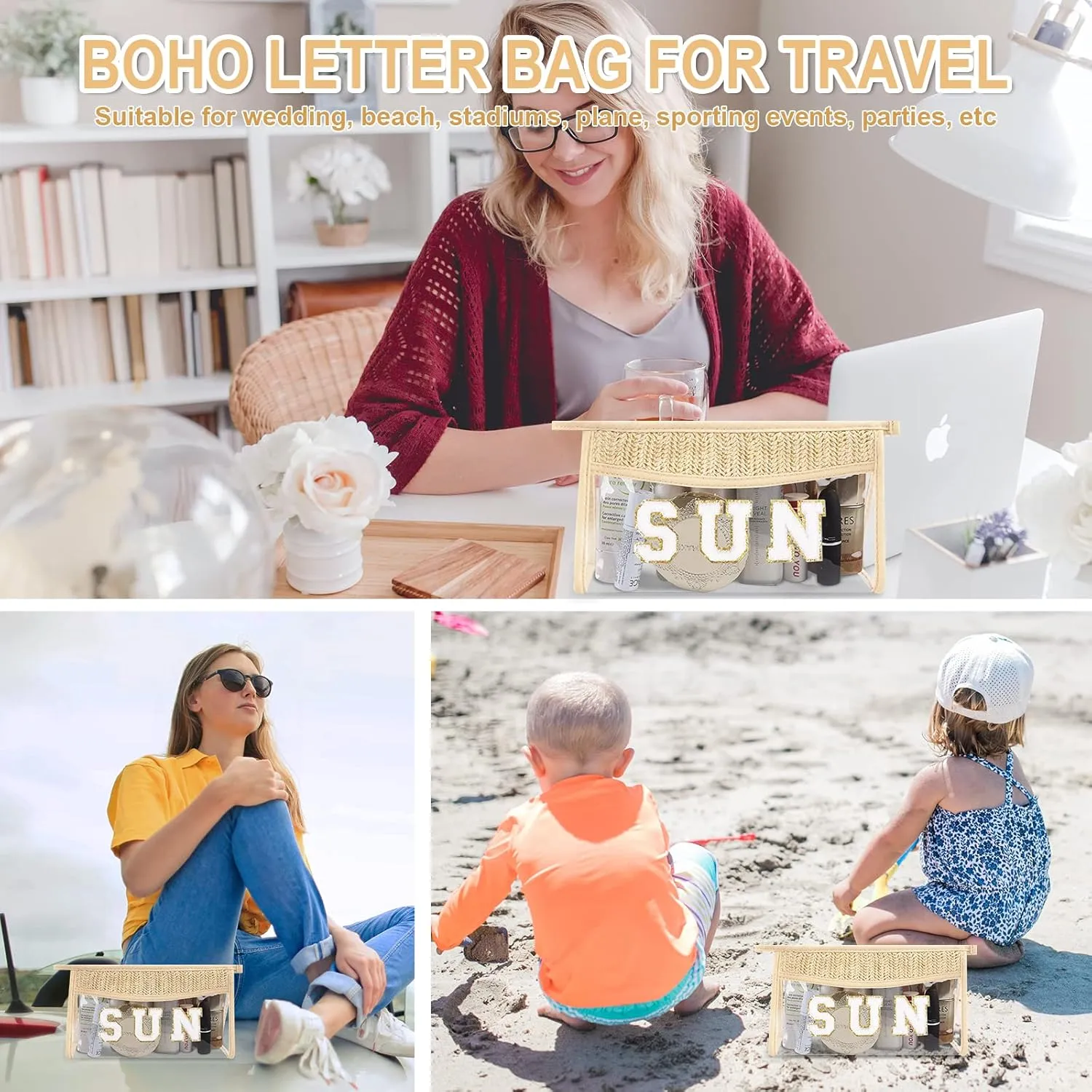 Iqimott 2Pcs Boho Patch SPF Bag Clear Letter Sun Bag, Waterproof Zipper Makeup Bag Toiletry Pouch for Women Girls, Clear Letter Patch Cosmetic Bag Transparent Organizer Pouch for Travel(SPF, Sun)