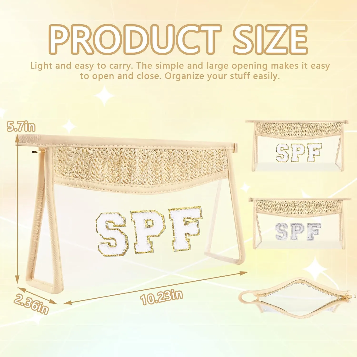Iqimott 2Pcs Boho Patch SPF Bag Clear Letter Sun Bag, Waterproof Zipper Makeup Bag Toiletry Pouch for Women Girls, Clear Letter Patch Cosmetic Bag Transparent Organizer Pouch for Travel(SPF, Sun)