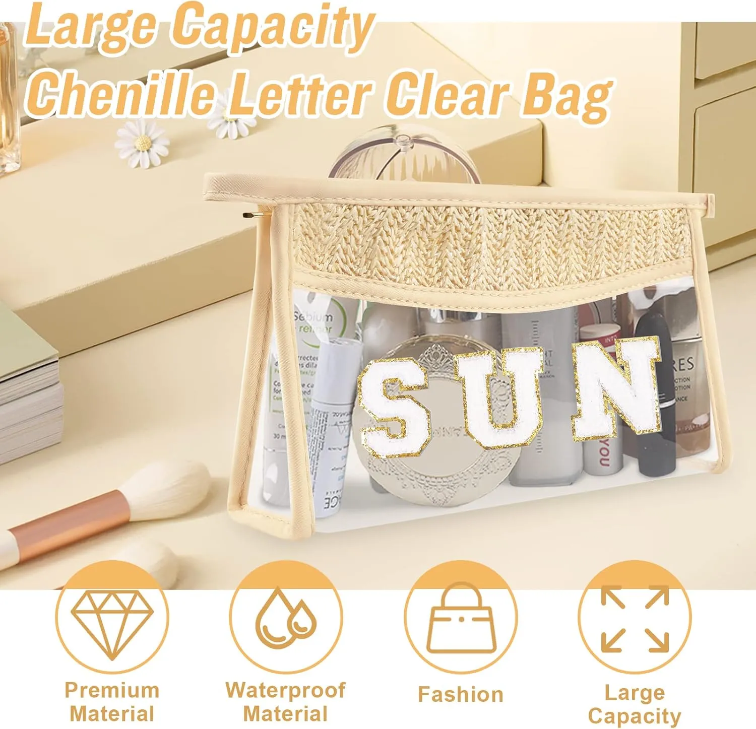 Iqimott 2Pcs Boho Patch SPF Bag Clear Letter Sun Bag, Waterproof Zipper Makeup Bag Toiletry Pouch for Women Girls, Clear Letter Patch Cosmetic Bag Transparent Organizer Pouch for Travel(SPF, Sun)