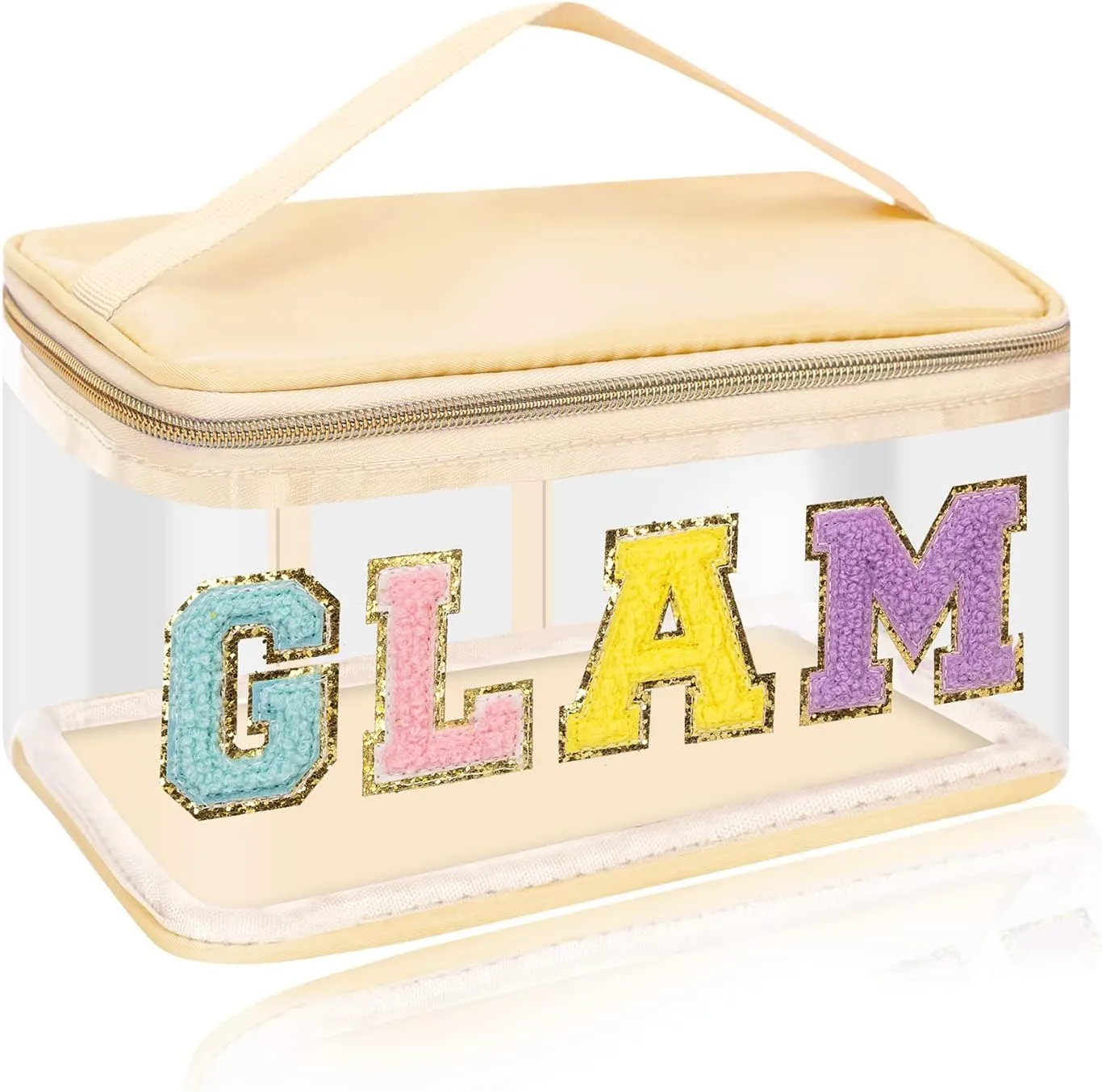 Iqimott Preppy Clear Makeup Cosmetic Bag for Women Travel, Nylon PVC Chenille Glitter Letter Toiletry Storage Tote Bag, Waterproof Organizer Zipper Pouch with Handle(Glam, Beige)