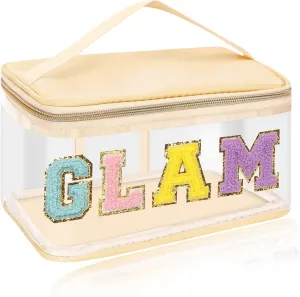 Iqimott Preppy Clear Makeup Cosmetic Bag for Women Travel, Nylon PVC Chenille Glitter Letter Toiletry Storage Tote Bag, Waterproof Organizer Zipper Pouch with Handle(Glam, Beige)