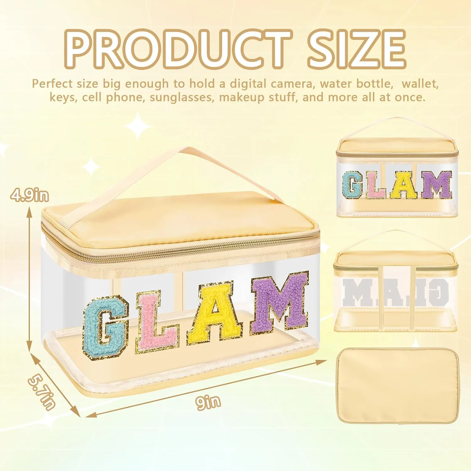 Iqimott Preppy Clear Makeup Cosmetic Bag for Women Travel, Nylon PVC Chenille Glitter Letter Toiletry Storage Tote Bag, Waterproof Organizer Zipper Pouch with Handle(Glam, Beige)