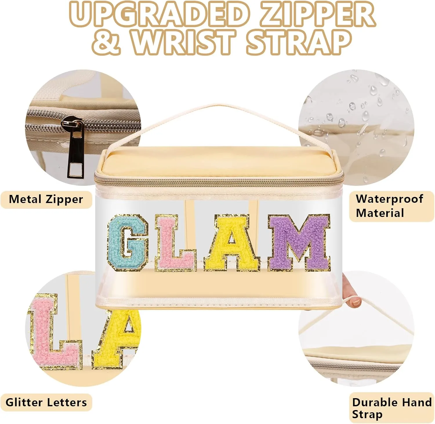 Iqimott Preppy Clear Makeup Cosmetic Bag for Women Travel, Nylon PVC Chenille Glitter Letter Toiletry Storage Tote Bag, Waterproof Organizer Zipper Pouch with Handle(Glam, Beige)