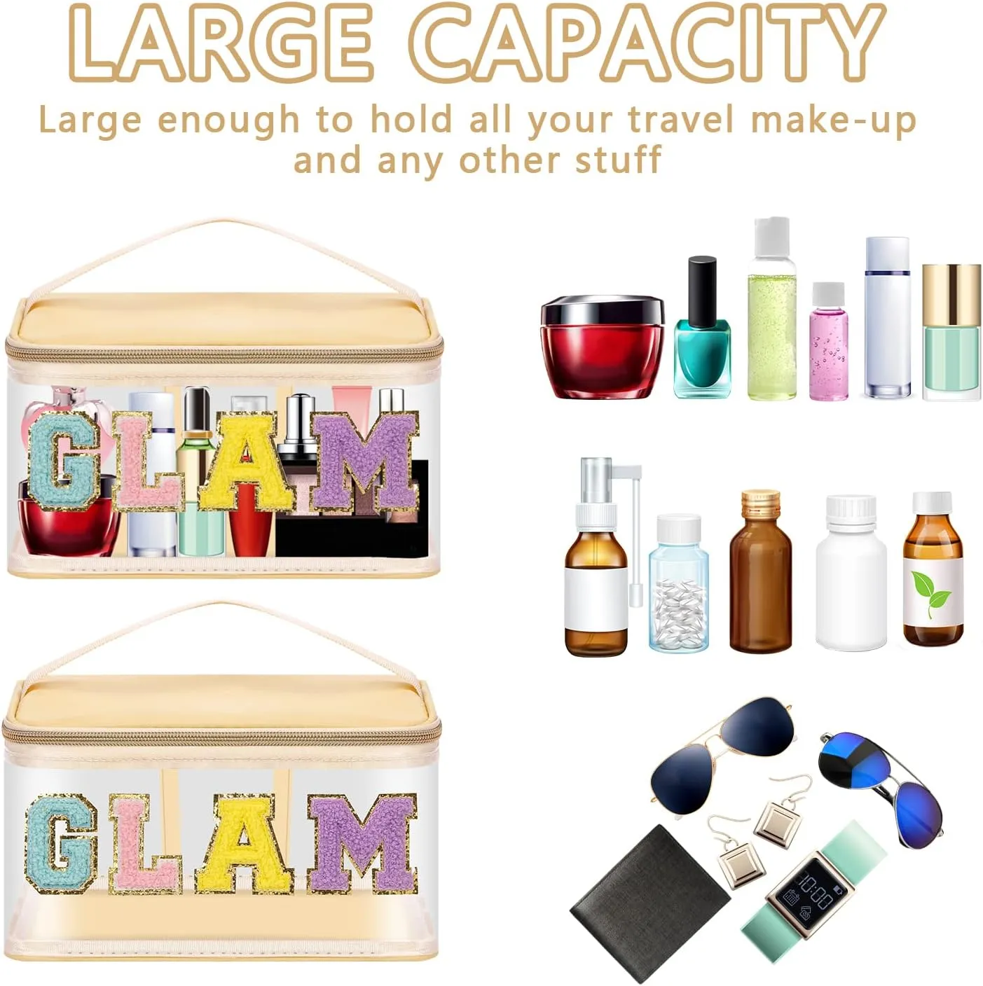 Iqimott Preppy Clear Makeup Cosmetic Bag for Women Travel, Nylon PVC Chenille Glitter Letter Toiletry Storage Tote Bag, Waterproof Organizer Zipper Pouch with Handle(Glam, Beige)