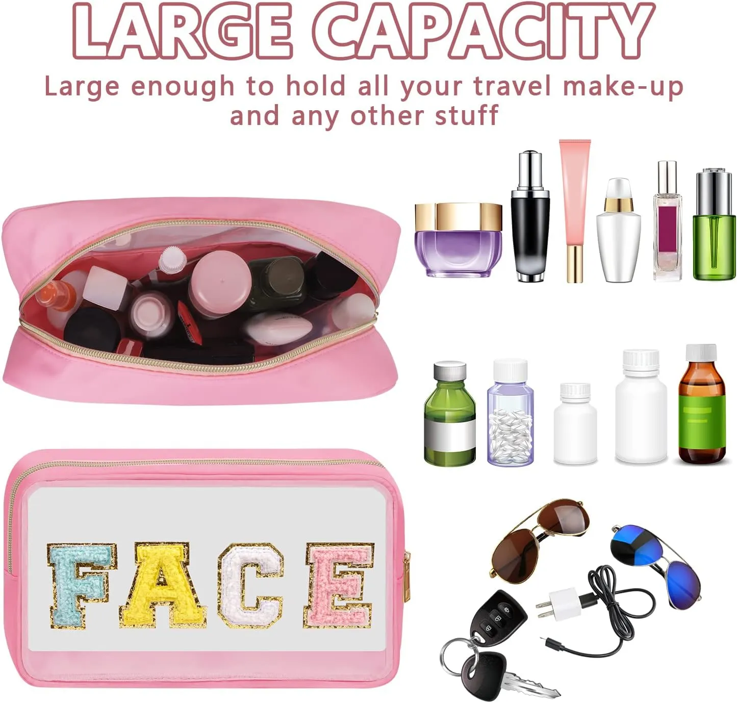 Iqimott Preppy Patch Clear Makeup Face Bag, Women Chenille Letter Cosmetic Bag for Travel, Nylon Waterproof Organization Outdoor Zipper Pouch Toiletry Bag for Women Girls(Pink)