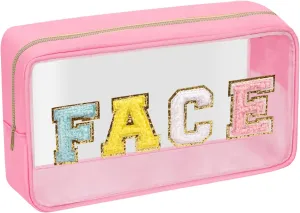 Iqimott Preppy Patch Clear Makeup Face Bag, Women Chenille Letter Cosmetic Bag for Travel, Nylon Waterproof Organization Outdoor Zipper Pouch Toiletry Bag for Women Girls(Pink)