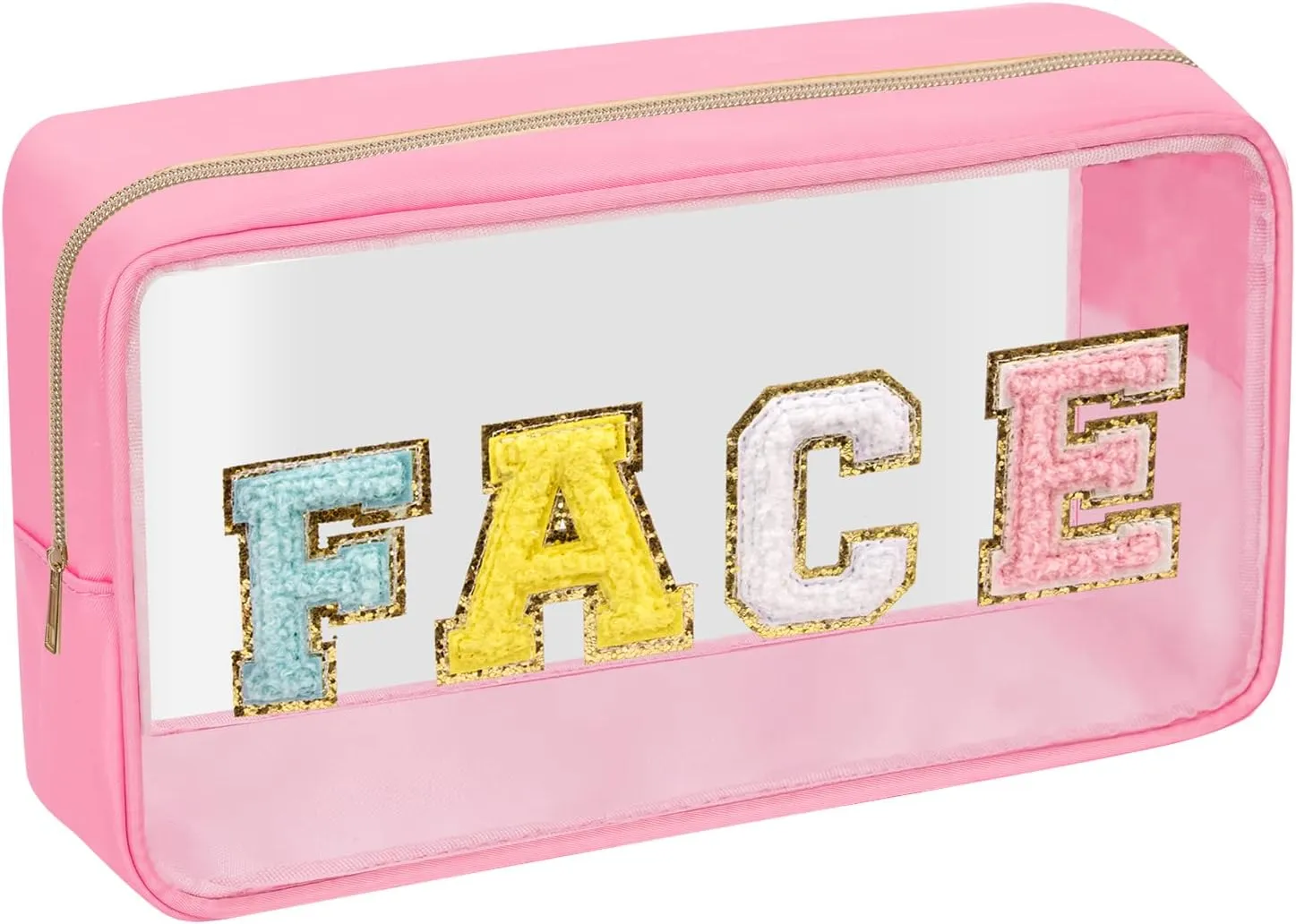 Iqimott Preppy Patch Clear Makeup Face Bag, Women Chenille Letter Cosmetic Bag for Travel, Nylon Waterproof Organization Outdoor Zipper Pouch Toiletry Bag for Women Girls(Pink)