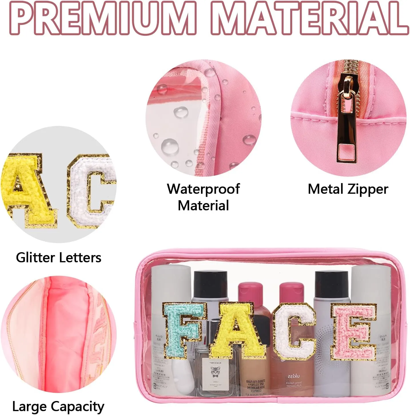 Iqimott Preppy Patch Clear Makeup Face Bag, Women Chenille Letter Cosmetic Bag for Travel, Nylon Waterproof Organization Outdoor Zipper Pouch Toiletry Bag for Women Girls(Pink)