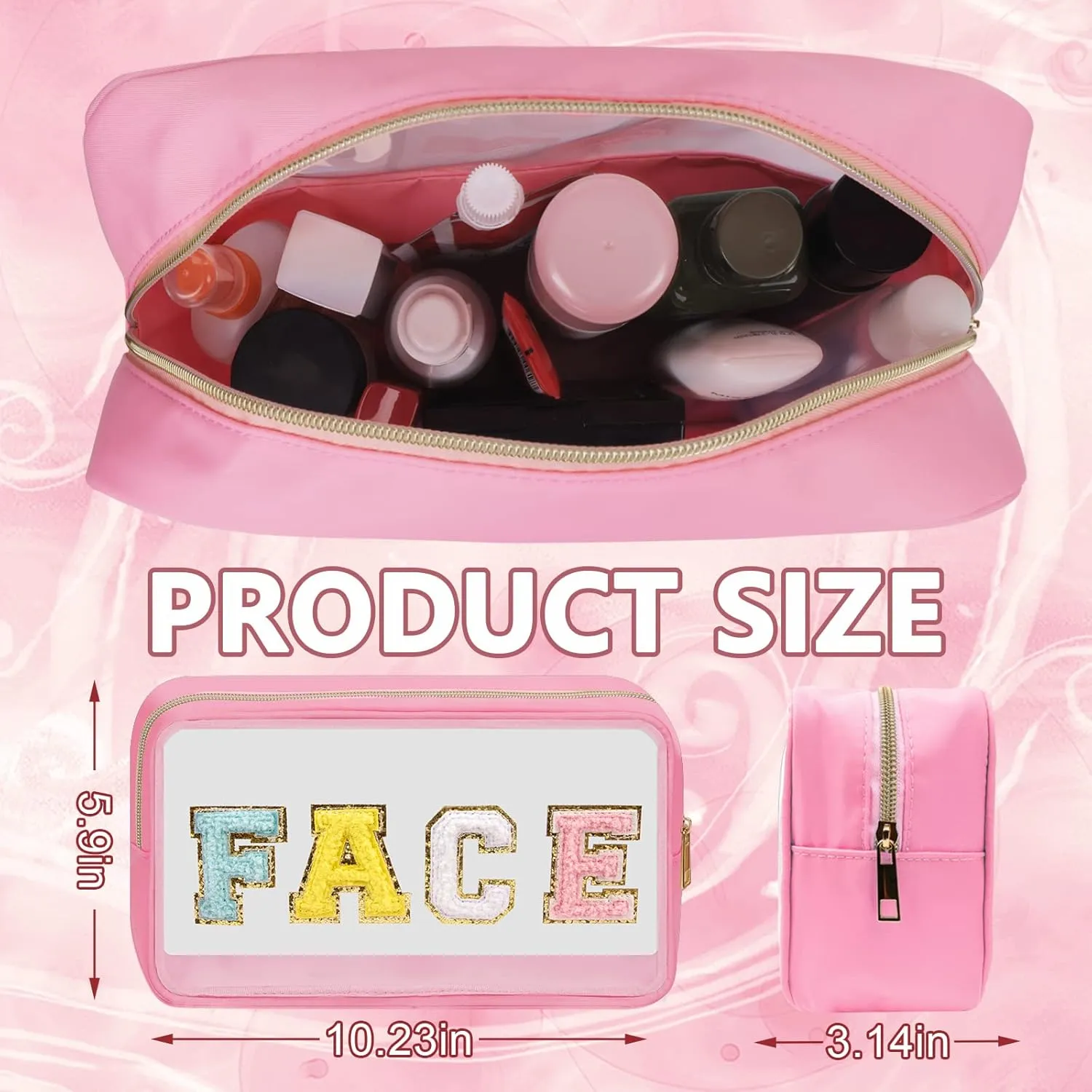 Iqimott Preppy Patch Clear Makeup Face Bag, Women Chenille Letter Cosmetic Bag for Travel, Nylon Waterproof Organization Outdoor Zipper Pouch Toiletry Bag for Women Girls(Pink)