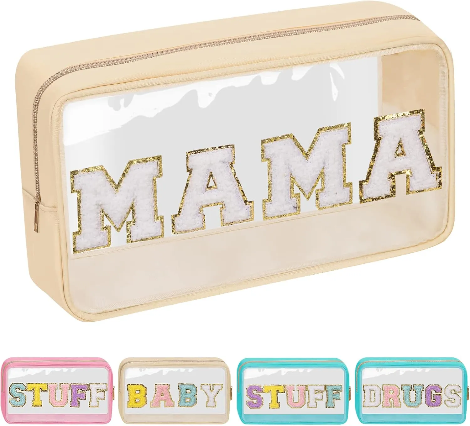 Iqimott Preppy Patch Clear Mama Bag, Women Chenille Letter Makeup Cosmetic Bag for Travel, Nylon Waterproof Organization Outdoor Zipper Pouch Toiletry Bag for Women Girls(Beige)