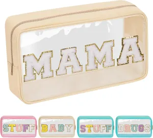 Iqimott Preppy Patch Clear Mama Bag, Women Chenille Letter Makeup Cosmetic Bag for Travel, Nylon Waterproof Organization Outdoor Zipper Pouch Toiletry Bag for Women Girls(Beige)