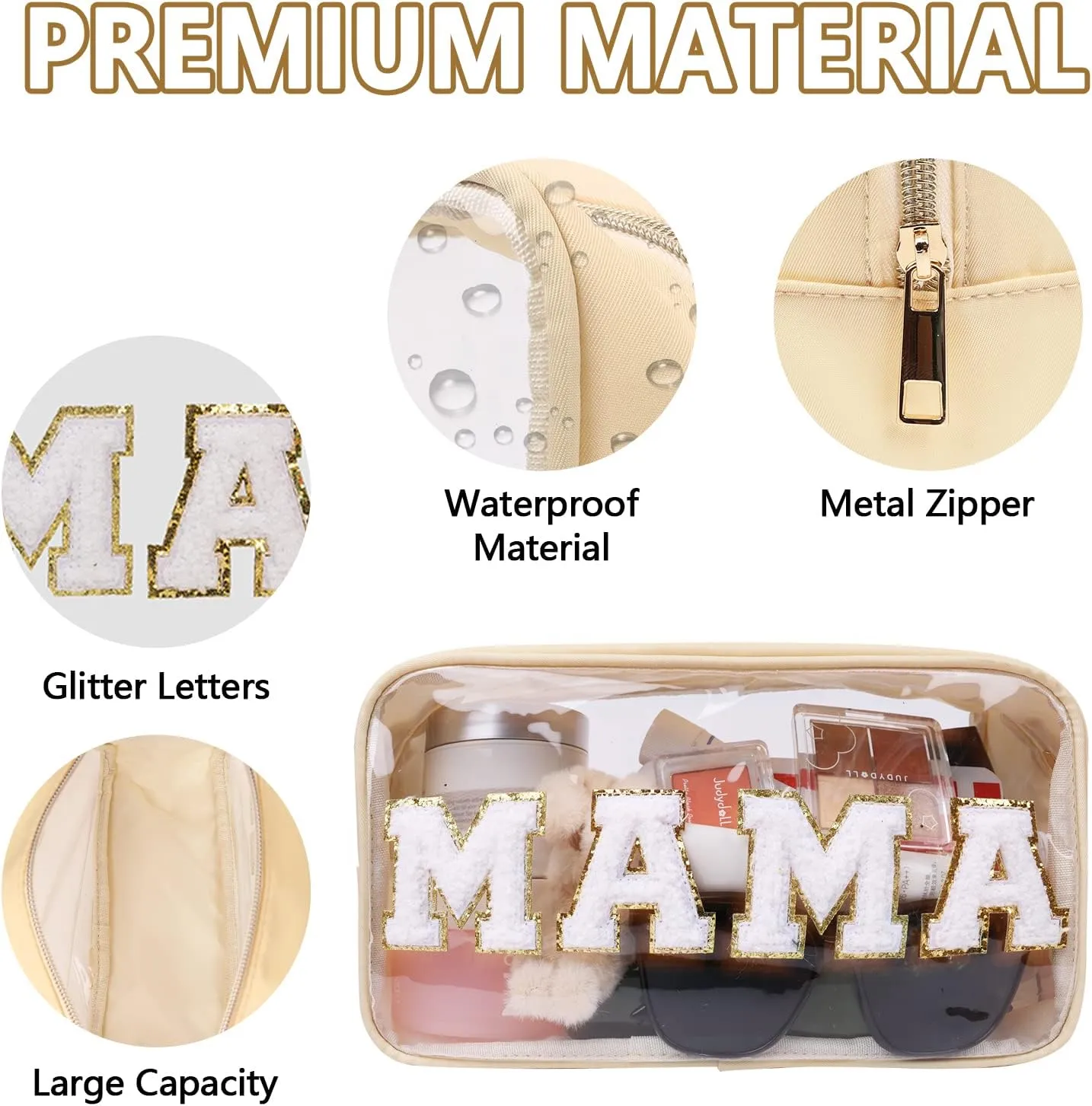 Iqimott Preppy Patch Clear Mama Bag, Women Chenille Letter Makeup Cosmetic Bag for Travel, Nylon Waterproof Organization Outdoor Zipper Pouch Toiletry Bag for Women Girls(Beige)