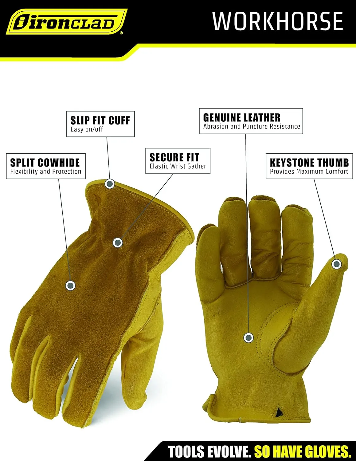 Ironclad Workhorse Leather Work Gloves, Suggested Uses For Landscaping, Ranch Work, Diy Projects, Sized XS, S, M, L, XL, XXL, XXXL (1 Pair), Gold Leather (IEX-WHO-01-XS)