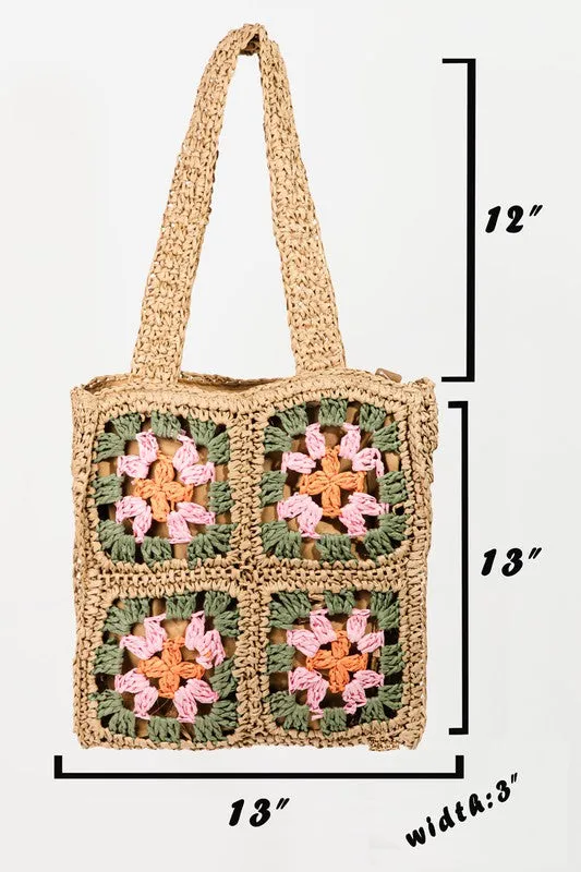 Ivory Floral Straw Braided Woven Pattern Tote Bag