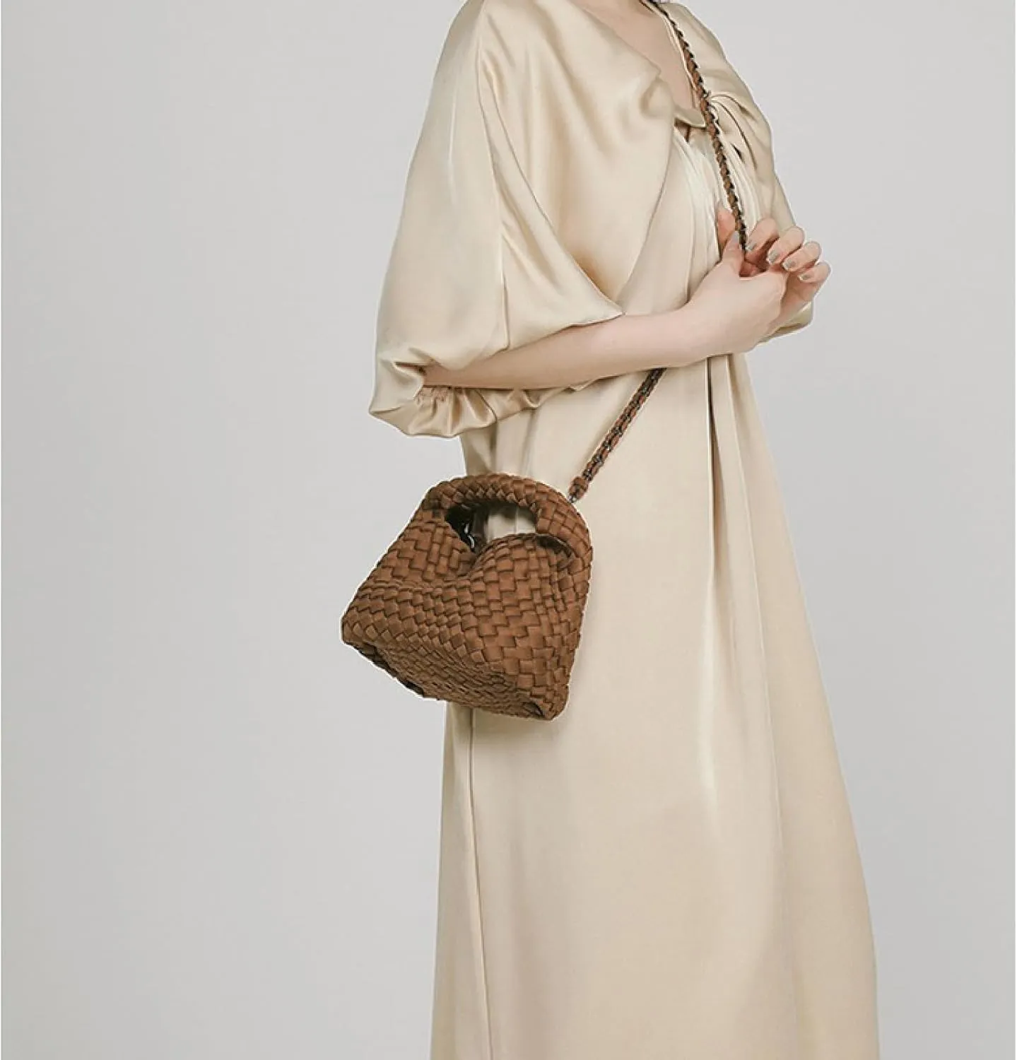 JINMANXUE Fashion Handbag for Women, Woven Tote Bucket Composite Bag, Knitting Chain Crossbody Shoulder Purse