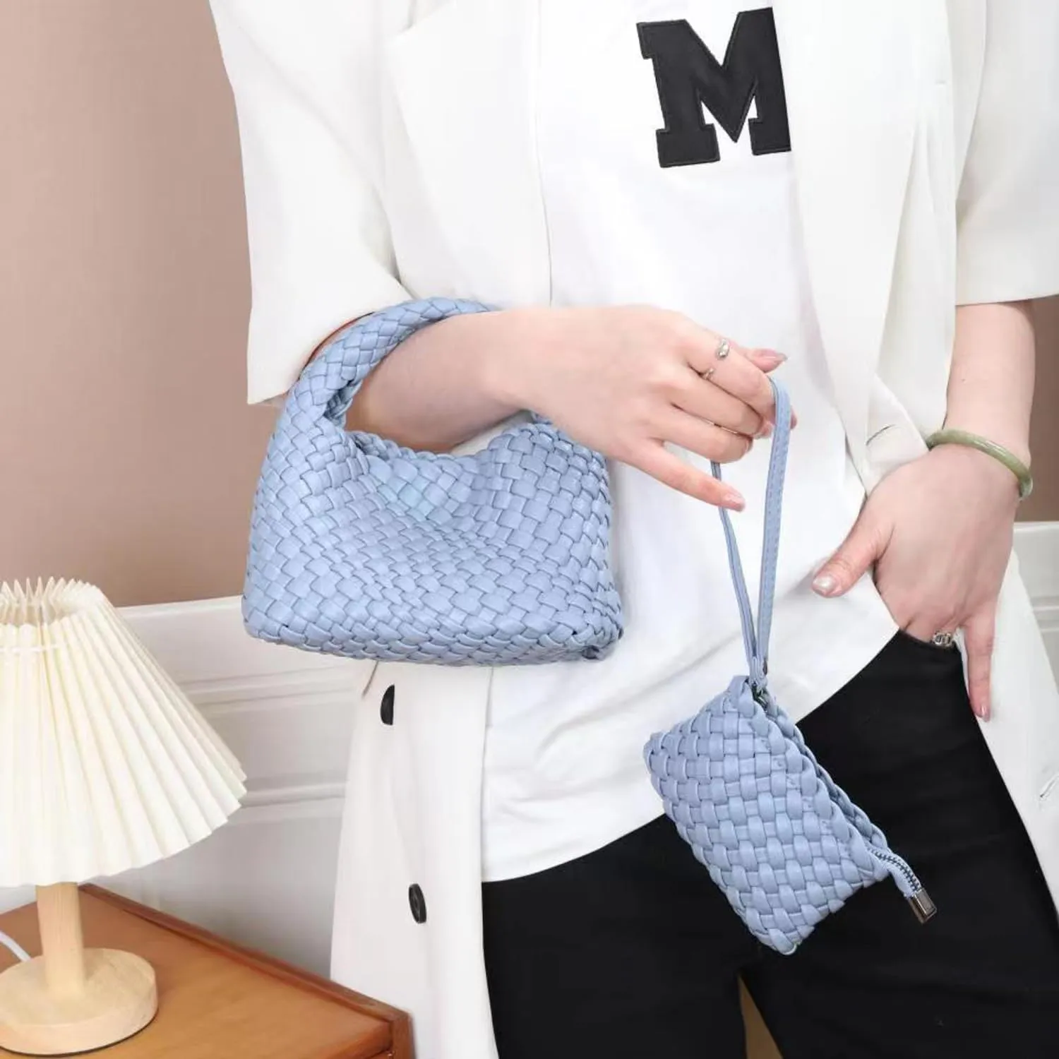 JINMANXUE Fashion Handbag for Women, Woven Tote Bucket Composite Bag, Knitting Chain Crossbody Shoulder Purse