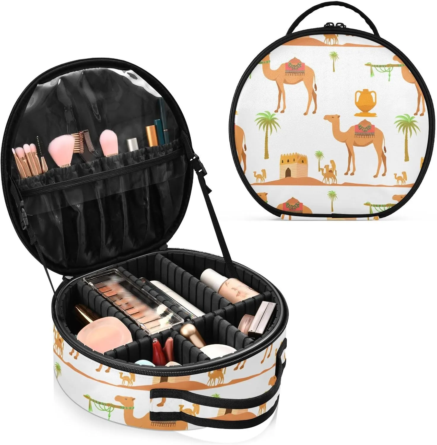 Joko Ivery Camels Palmtrees Pottery White Travel Makeup Train Case for Women Cosmetic Bag Organizer with Adjustable Dividers Make-up Organizer for Makeup Beginners Women Travel