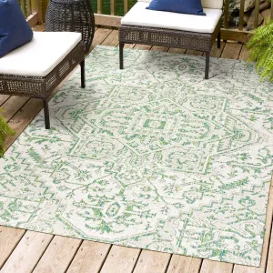 JONATHAN Y SMB105G-8 Estrella Bohemian Medallion Textured Weave Indoor Outdoor Area-Rug, Coastal Traditional Easy-Cleaning,Bedroom,Kitchen,Backyard,Patio,Non Shedding, 8 X 10, Green/Cream