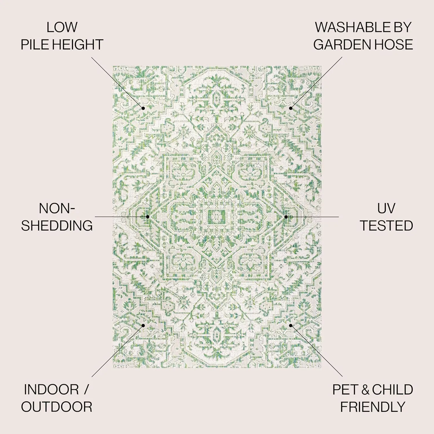 JONATHAN Y SMB105G-8 Estrella Bohemian Medallion Textured Weave Indoor Outdoor Area-Rug, Coastal Traditional Easy-Cleaning,Bedroom,Kitchen,Backyard,Patio,Non Shedding, 8 X 10, Green/Cream