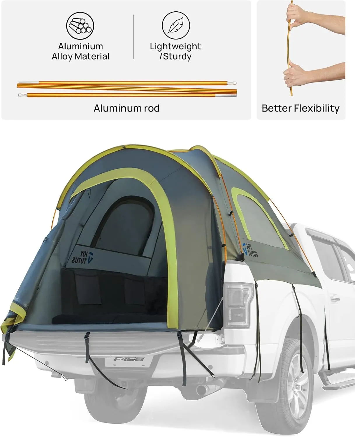 JOYTUTUS Pickup Truck Tent 2.0, Waterproof PU2000mm Double Layer for 2 Person, Portable Truck Bed Tent with Rainfly, 5.5'-6' Camping Preferred - Green, Aluminum Poles