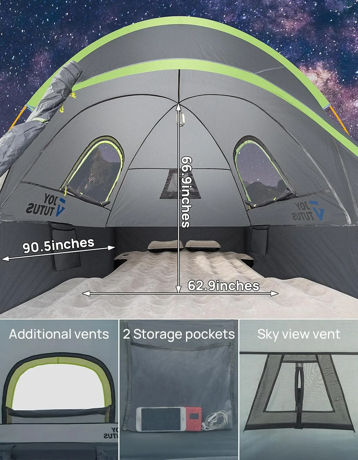 JOYTUTUS Pickup Truck Tent 2.0, Waterproof PU2000mm Double Layer for 2 Person, Portable Truck Bed Tent with Rainfly, 5.5'-6' Camping Preferred - Green, Aluminum Poles