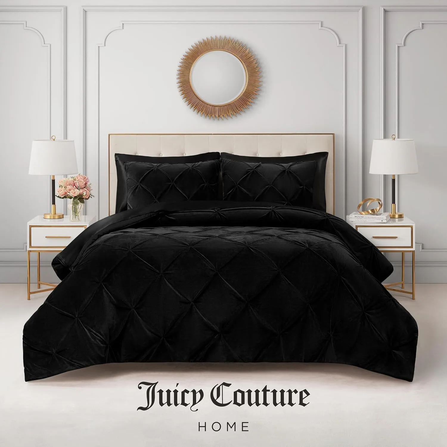 Juicy Couture Kiss Pleat Plush Micromink Black Full/Queen Comforter Set - Cozy 3 Piece Bedding Ensemble