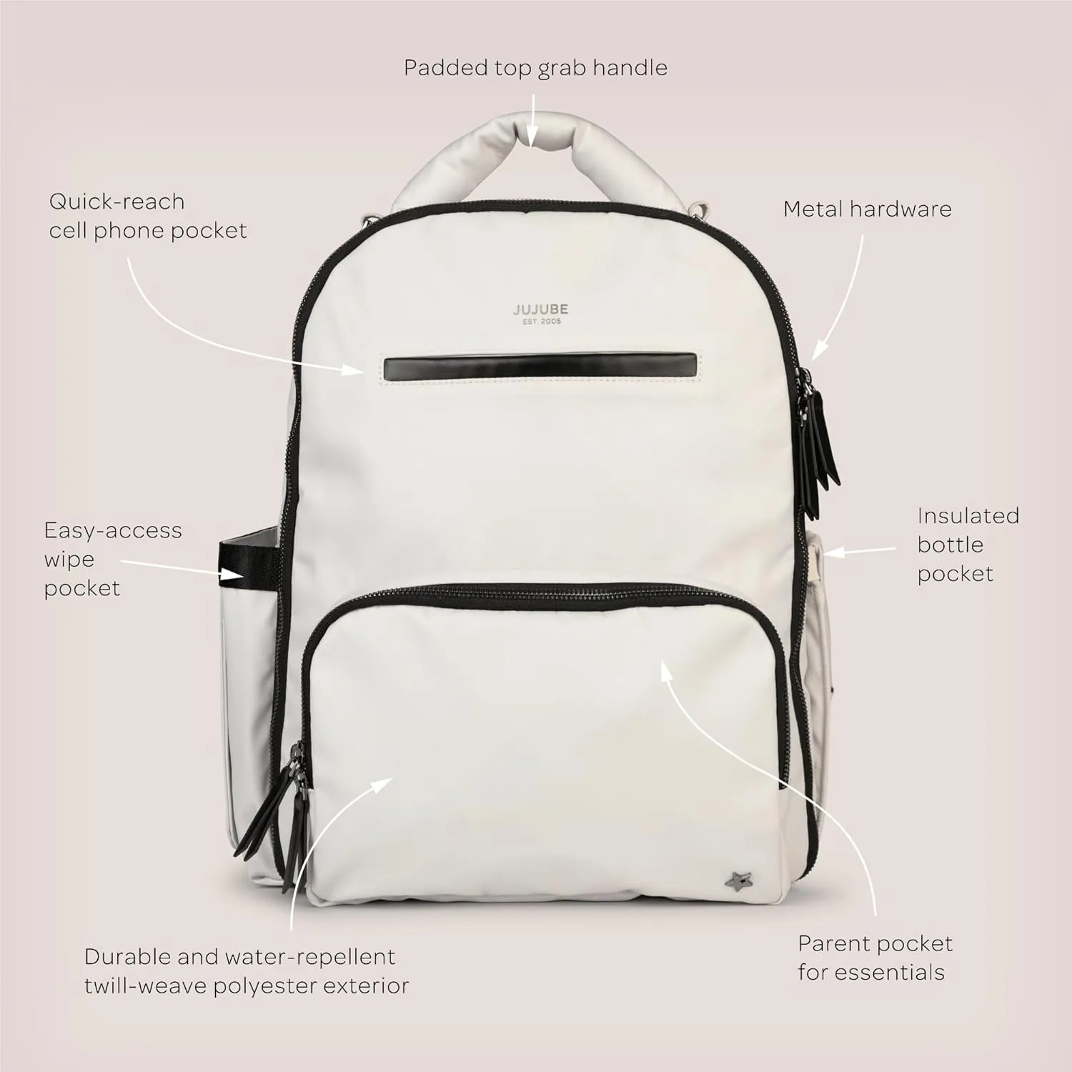 JuJuBe x Witney Carson - New Classic Diaper Bag Backpack with Portable Changing Pad, Stroller Straps, Large Travel Backpack, Carrying Baby Bottles, Wipes, Diapers, Cloud, Mothers Day Gift