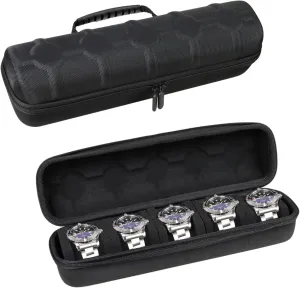 Juntan 5 Slots Hard Watch Travel Case, Portable Nylon Zipper Storage Organizer Box for Men Women with Soft Compressible Foam Pillow Black Silver (Black, 5 Slots Nylon)