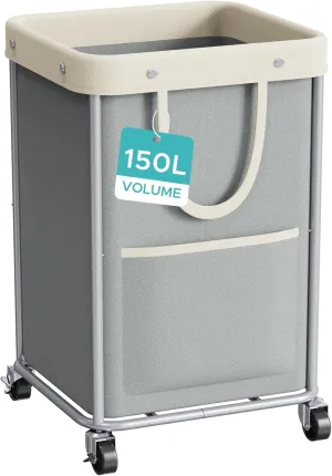 JYPS Laundry Basket With Wheels, 150L Large Rolling Hamper W/Metal Frame & Removable Bag, Waterproof Oxford Fabric, 2 Side Bags, Dirty Clothes Storage Cart For Laundry Room, Dorm, Bedroom, Bathroom