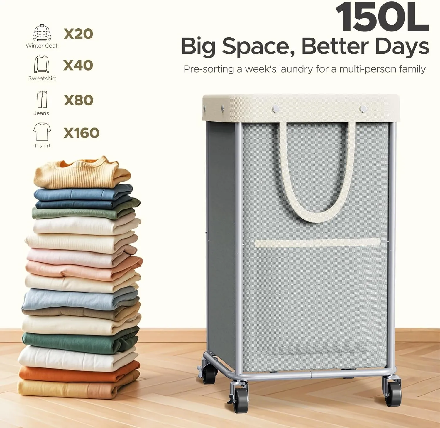 JYPS Laundry Basket With Wheels, 150L Large Rolling Hamper W/Metal Frame & Removable Bag, Waterproof Oxford Fabric, 2 Side Bags, Dirty Clothes Storage Cart For Laundry Room, Dorm, Bedroom, Bathroom