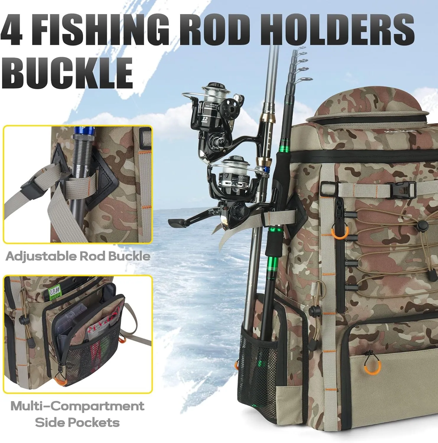 Kalkal Fishing Tackle Backpack, 44L Water-Resistant Fishing Backpack with 4 Rod Holder, Camo Fishing Tackle Bag Storage Fishing Gear, Fishing Gifts for Men Father