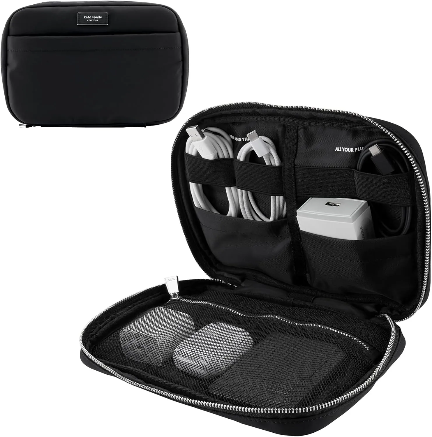 kate spade new york Nylon Tech Organizer Pouch - Electronics Organizer for Cables, Chargers, Power Bank, AirPods, and Accessories - Signature Black