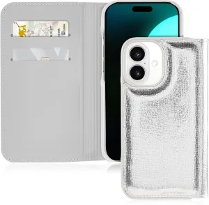 kate spade new york Wallet Folio iPhone 16 Case - Compatible with Wireless Charging - Designer Phone Case - Metallic Silver