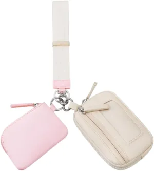 Keychain Wristlet Wallet Double Pouch Key Chain Bag Elegant Women Men Purse for Beach Shopping Holidays Valentines Gift Travel, Pink Beige