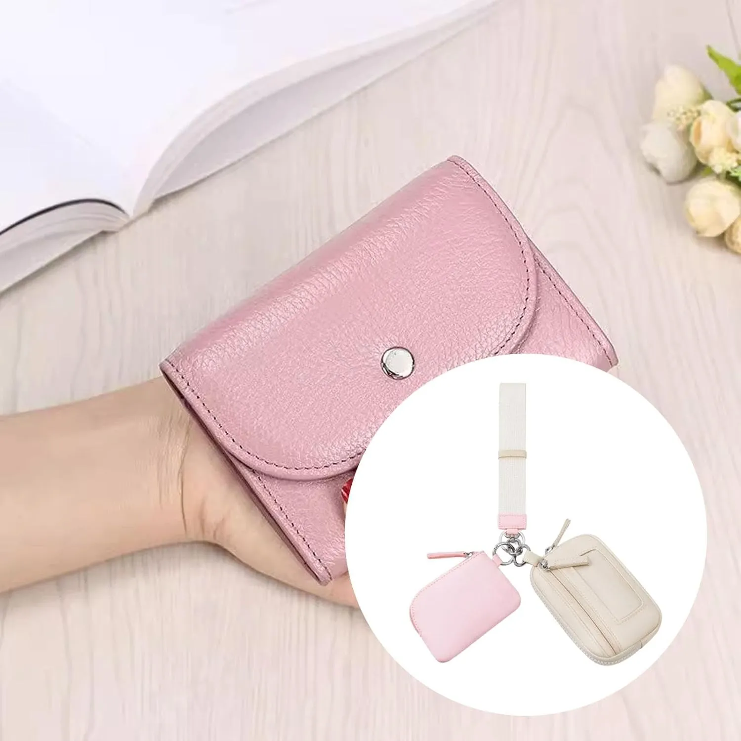 Keychain Wristlet Wallet Double Pouch Key Chain Bag Elegant Women Men Purse for Beach Shopping Holidays Valentines Gift Travel, Pink Beige