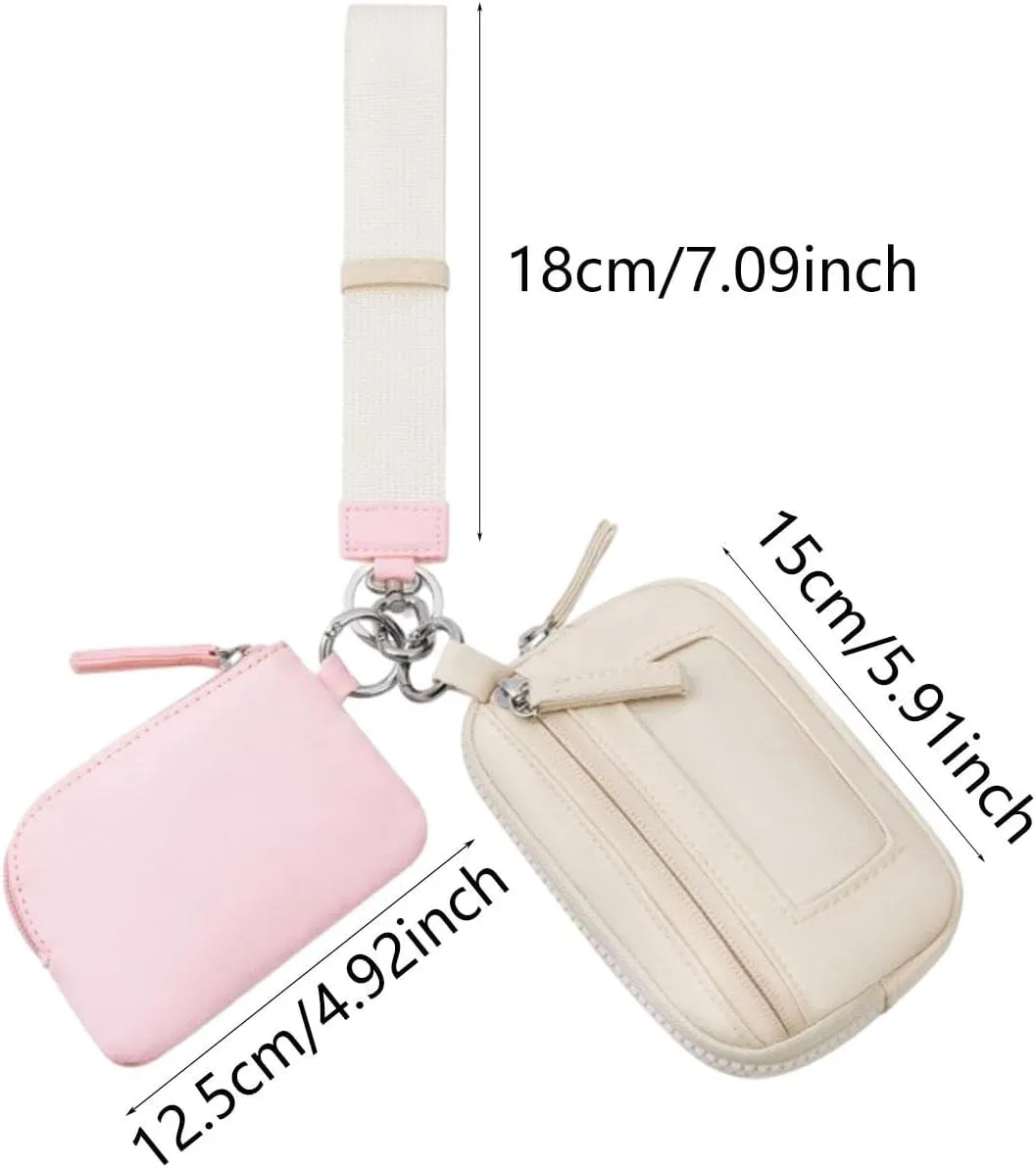 Keychain Wristlet Wallet Double Pouch Key Chain Bag Elegant Women Men Purse for Beach Shopping Holidays Valentines Gift Travel, Pink Beige