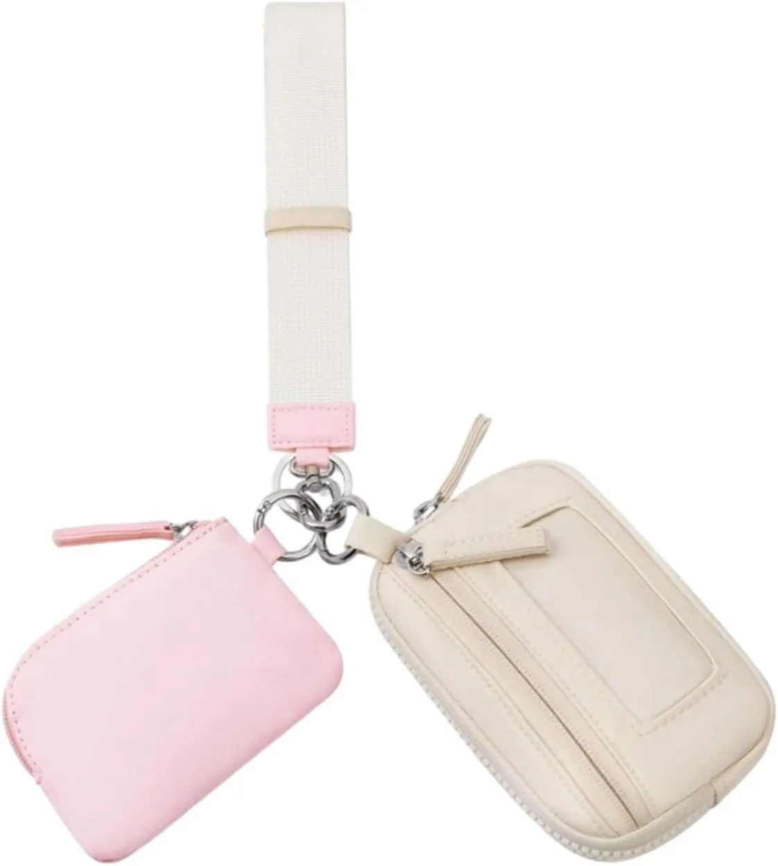Keychain Wristlet Wallet Double Pouch Key Chain Bag Elegant Women Men Purse for Beach Shopping Holidays Valentines Gift Travel, Pink Beige
