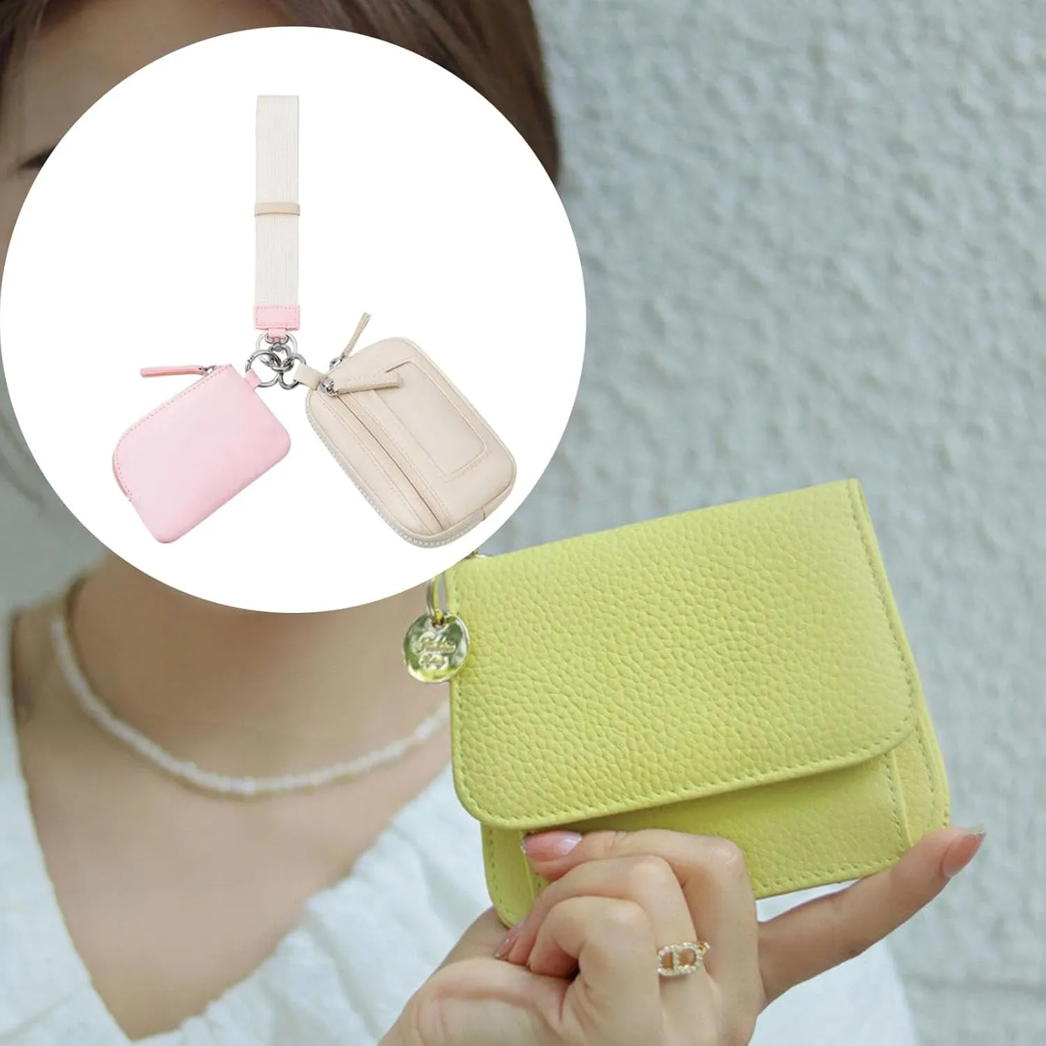 Keychain Wristlet Wallet Double Pouch Key Chain Bag Elegant Women Men Purse for Beach Shopping Holidays Valentines Gift Travel, Pink Beige