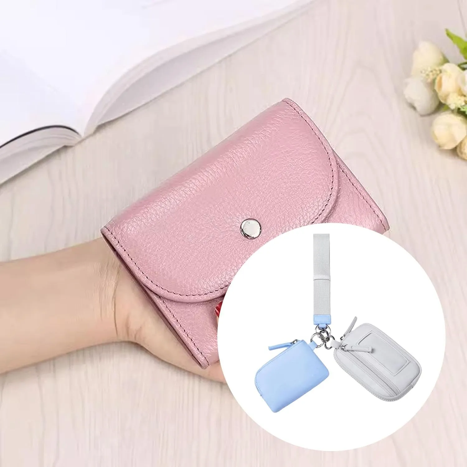 Keychain Wristlet Wallet Small Wallet with Keyring Bag Water Resistant Practical Purse Double Pouch for Birthday Gift Trekking, Blue Gray