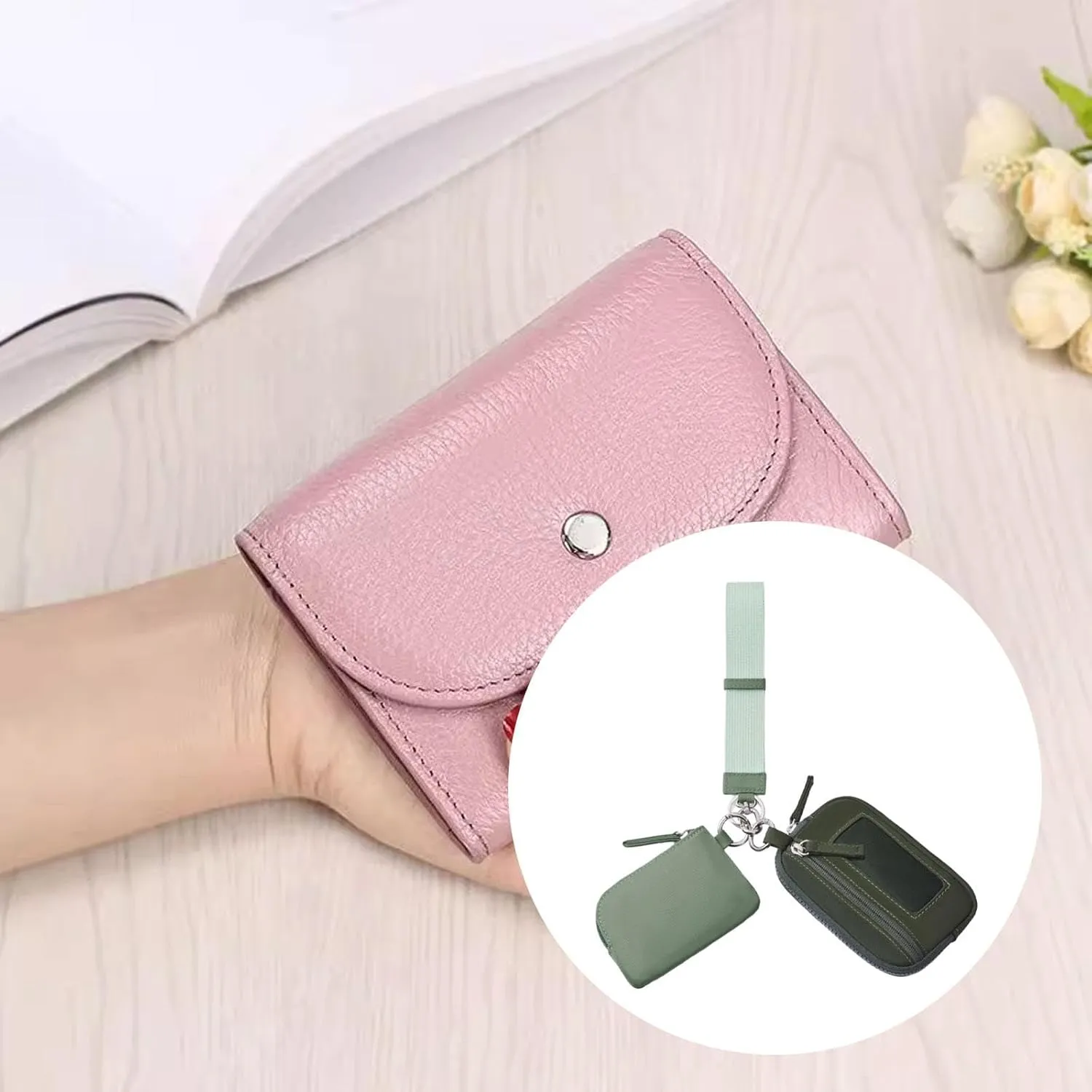 Keychain Wristlet Wallet Small Wallet with Keyring Bag Water Resistant Practical Purse Double Pouch for Birthday Gift Trekking, Green