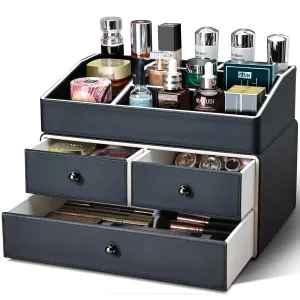 KINGFOM 2 Tier PU Leather Makeup Organizer with 3 Drawers, Cosmetic Storage Organizers for vanity Dresser Countertop and Bathroom Vanity, Beauty Holder for Lipstick Brush Skincare (Black)