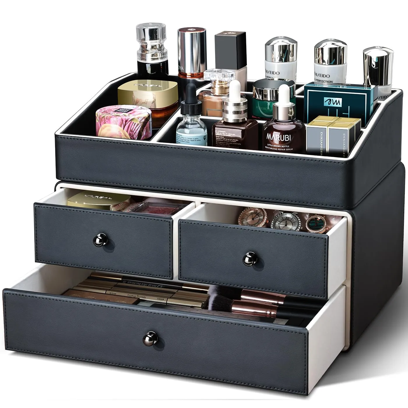 KINGFOM 2 Tier PU Leather Makeup Organizer with 3 Drawers, Cosmetic Storage Organizers for vanity Dresser Countertop and Bathroom Vanity, Beauty Holder for Lipstick Brush Skincare (Black)